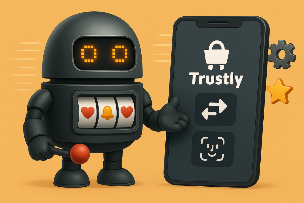 Kuvitus, joka esittää Trustly-maksuja ja sen erityisominaisuuksia, korostaen helppoutta ja nopeutta verkkomaksuissa.