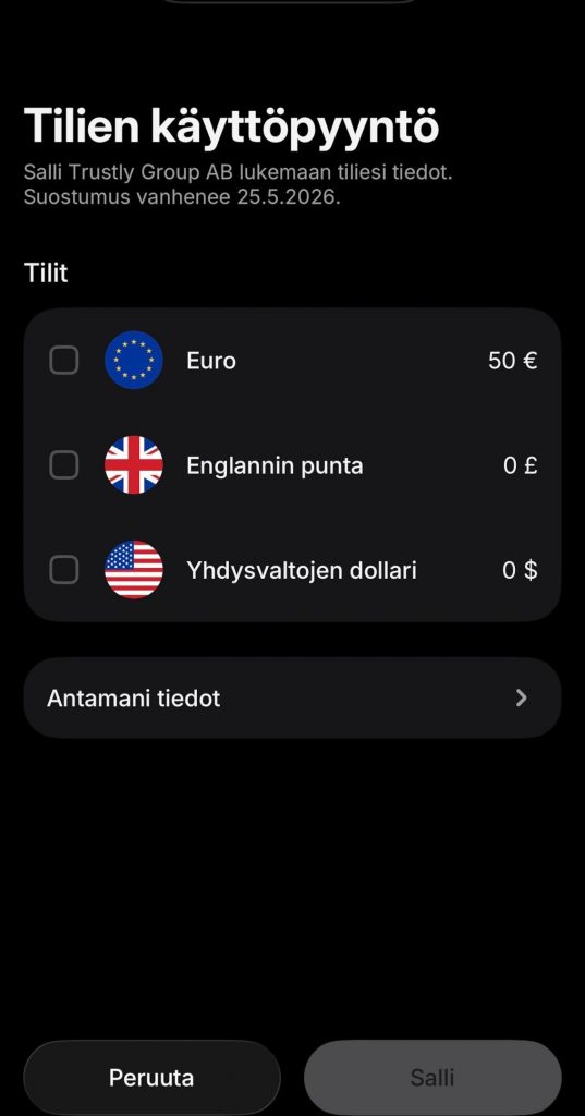 Revolut-pankkitilin valitseminen sovelluksen kautta