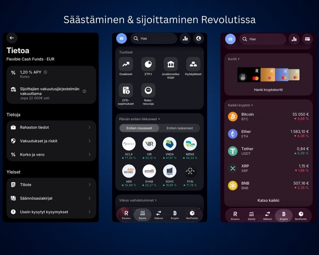 Revolut-sovelluksen kautta voi säästää säästötilille sekä sijoittaa osakkeisiin ja kryptovaluuttoihin