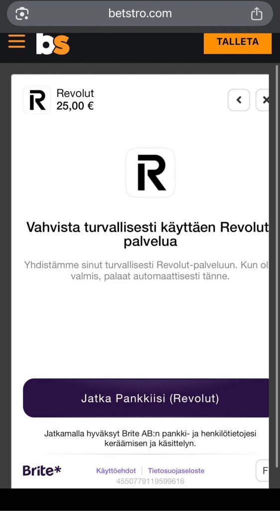 Talletus Revolutin kautta Betstro-tilille