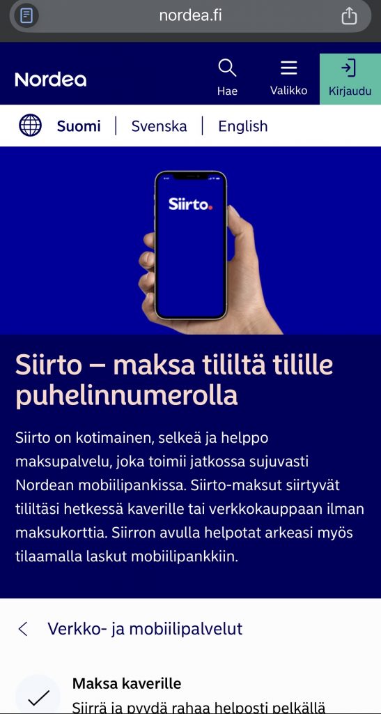 Nordea Siirto tarjoaa turvallista maksamista