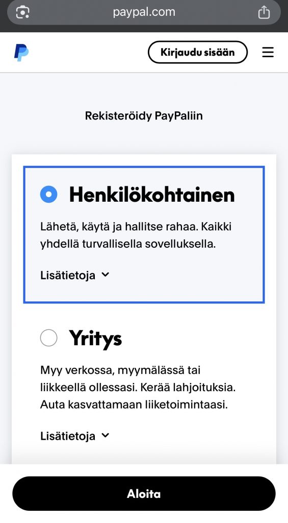 PayPal rekisteröityminen henkilökohtaisella tilillä