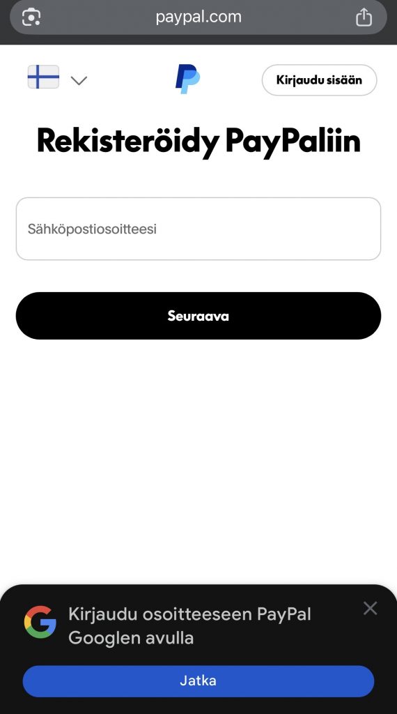 PayPal-tili luodaan sähköpostiosoitteella