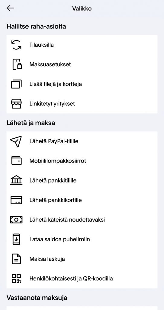 PayPal-sovellus ja sen valikko
