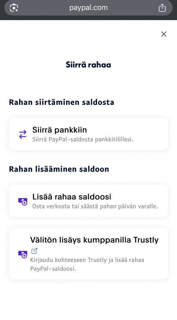Rahan lisääminen PayPal-tilille
