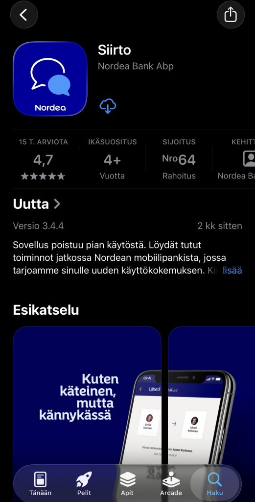 Siirto-sovellus oli ladattavissa ilmaiseksi App Storesta