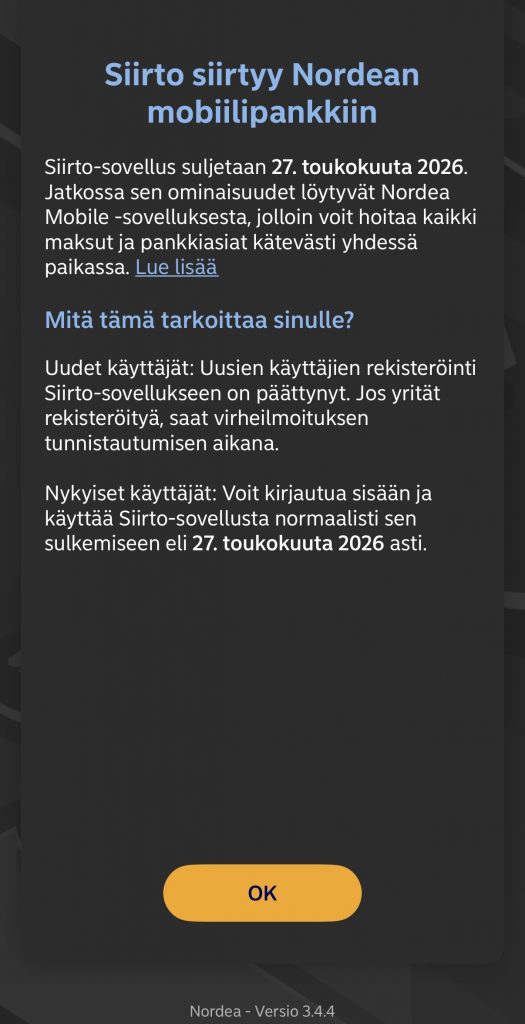 Vanha Siirto-sovellus lopetetaan