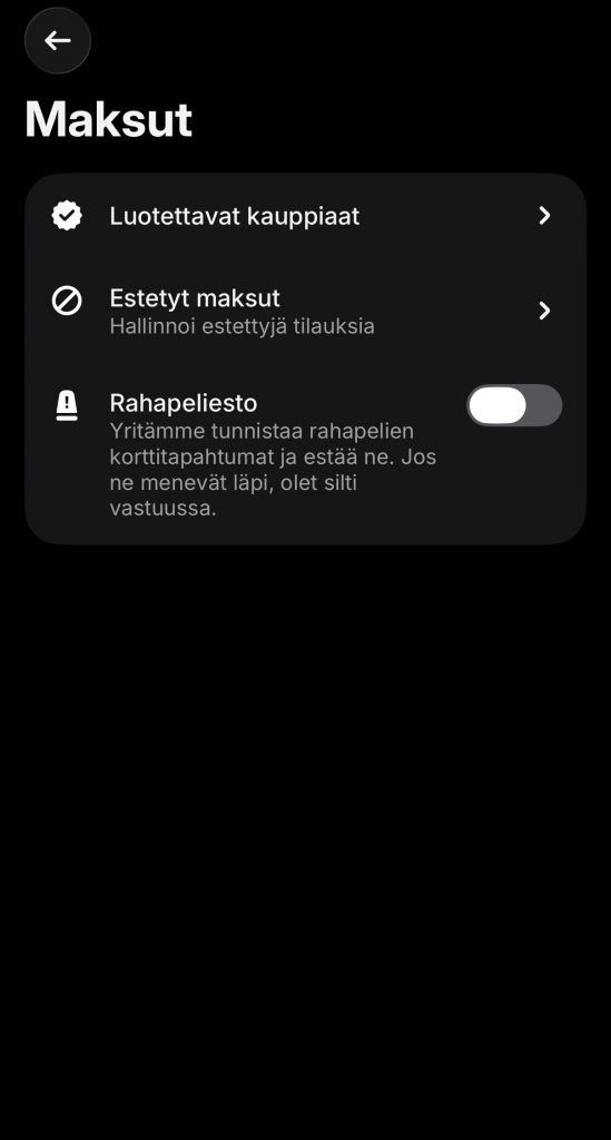 Rahapelaamisen Mastercardilla voi estää myös Revolut-pankin asetuksissa