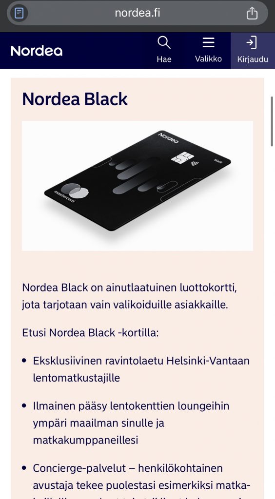 Nordea Black on todella tasokas Mastercard-kortti