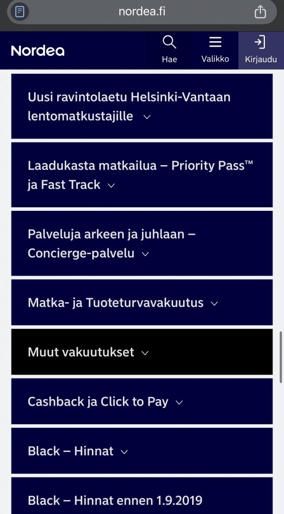 Nordea Black Mastercard -kortin edut