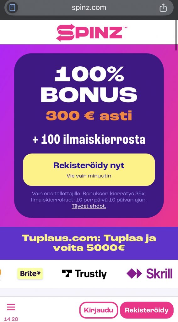 Rapid Transfer kasino -sivuston etusivu