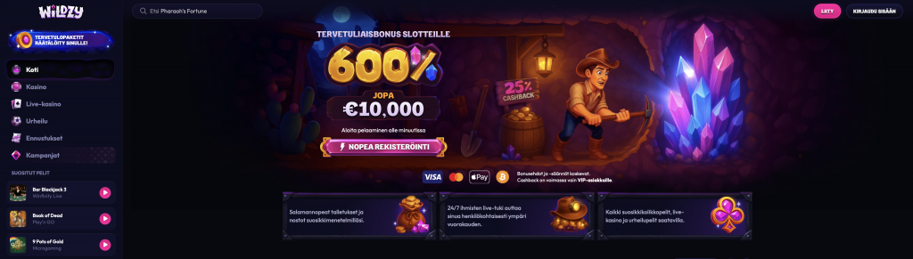 Uusi kryptokasino nimeltä Wildzy ja sen etusivu