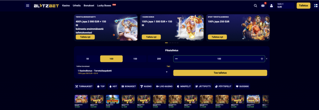 Blitz Bet -nimellä kulkevan kryptokasinon etusivu