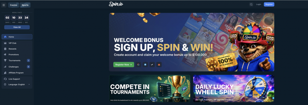 Uusi krypto casino Spin.io ja sen etusivu